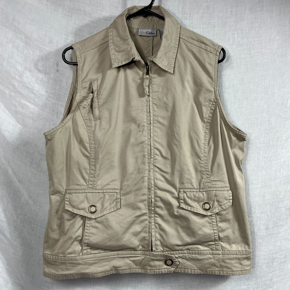 Chicos Platinum Safari Khaki Vest Womens L Cargo Full Zip Indie Streetwear